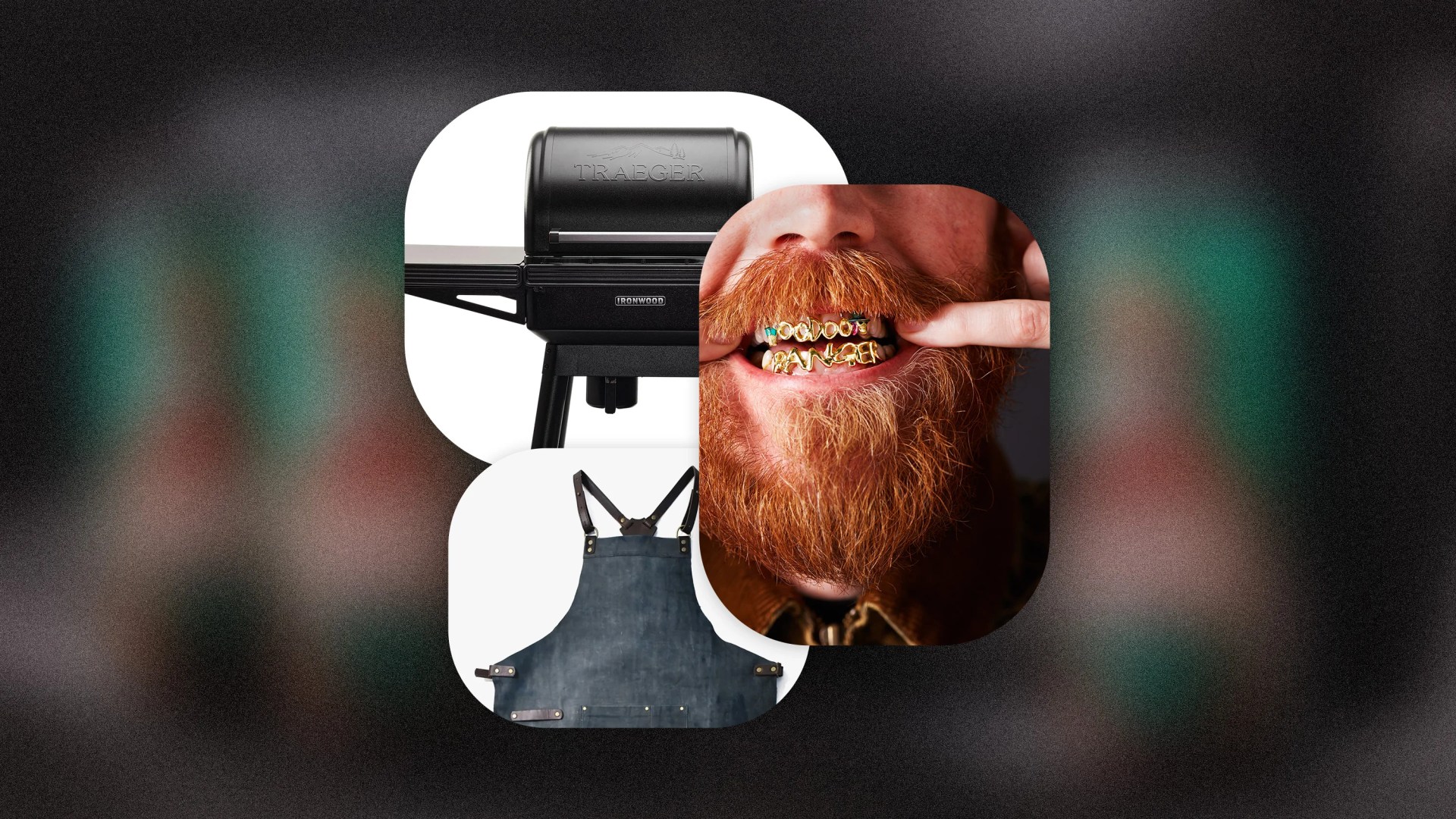 Black Traeger Ironwood grill, dark denim apron with leather straps, and close-up of a person with red beard showing gold grill teeth spelling "WOODLOT RANGER.