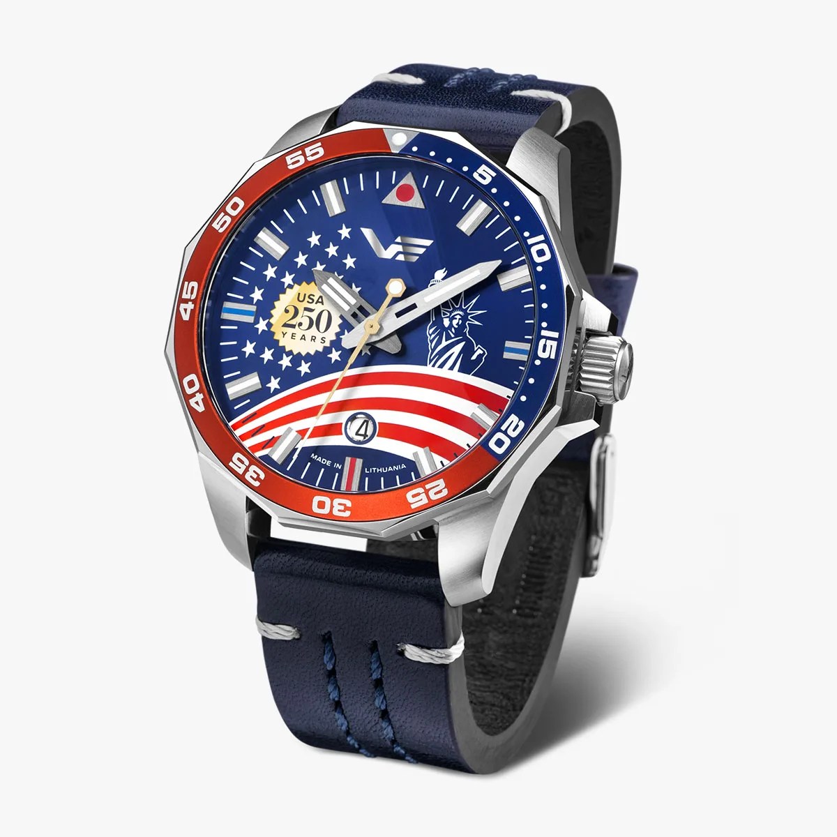 Silver watch with blue and red bezel, blue dial featuring USA 250 years emblem, Statue of Liberty, and navy leather strap.