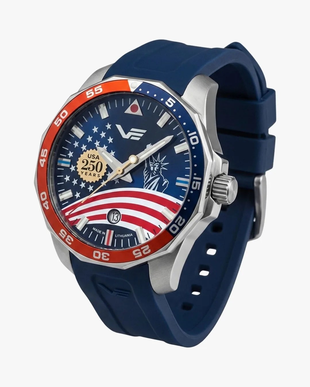 Blue and red dive watch with USA 250 years emblem, Statue of Liberty design, and blue silicone strap.