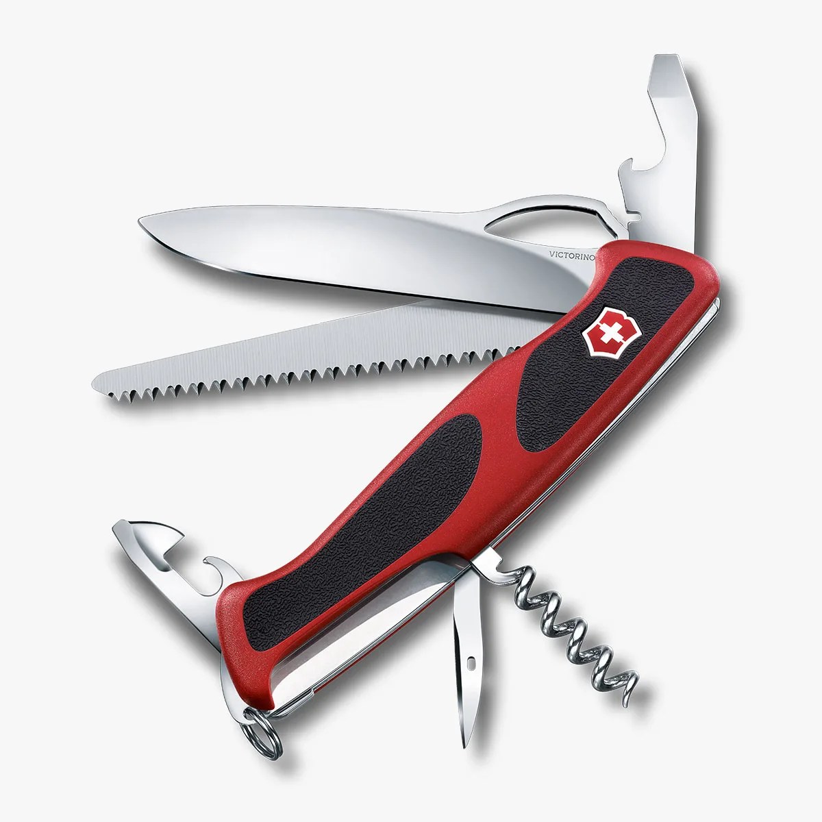 Red and black Victorinox Swiss Army knife with multiple open tools including blade, saw, corkscrew, and bottle opener.