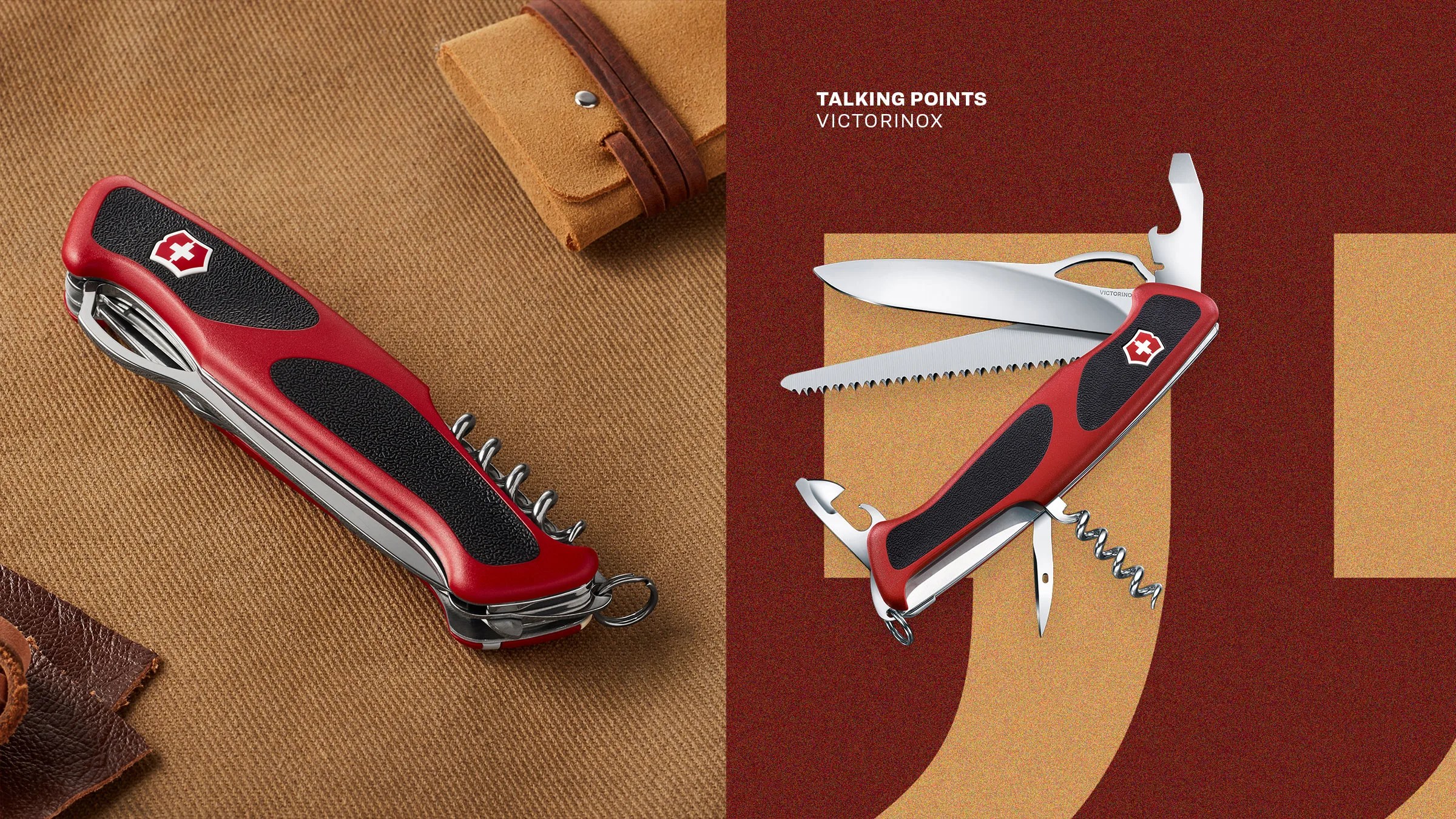 Red and black Victorinox Swiss Army knife with multiple tools, including a corkscrew, knife, and saw, shown closed and open.
