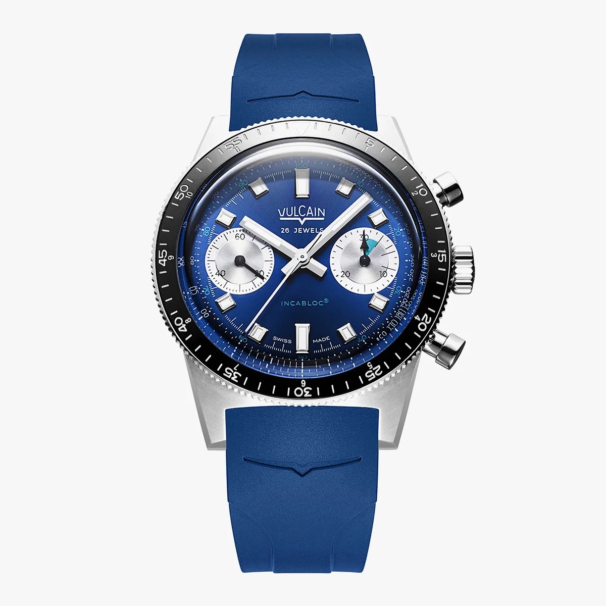 Blue dial Vulcain chronograph watch with silver subdials, black bezel, and blue rubber strap.