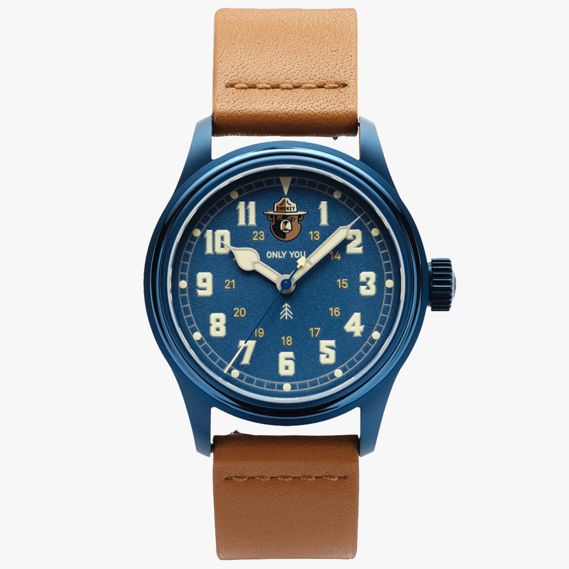 Blue watch face with cream numerals and Smokey Bear logo, paired with a tan leather strap.