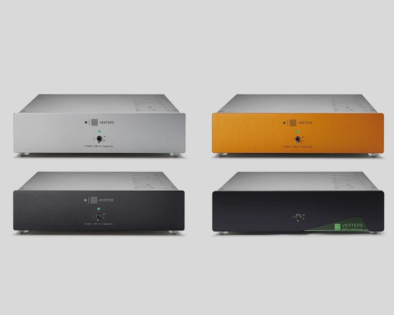 Four rectangular Vertere audio preamplifiers in silver, orange, dark gray, and black with front power switches and indicator lights.
