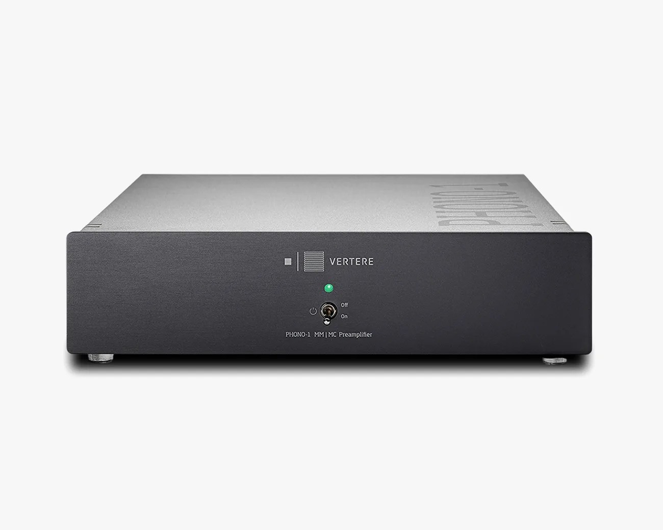 Black Vertere PHONO-1 MM/MC preamplifier with a toggle switch and green indicator light on the front panel.
