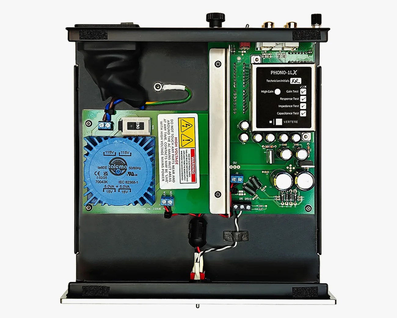 Open black metal electronic device enclosure showing green circuit boards with capacitors, a blue transformer, and a black module labeled "PHONO-1L X.