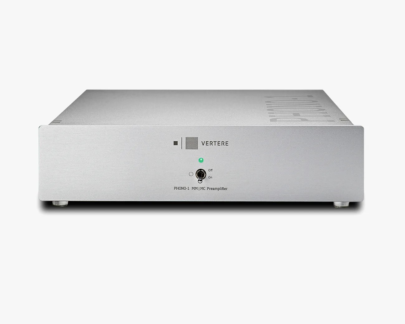 Silver Vertere PHONO-1 MM/MC preamplifier with power switch and green indicator light on front panel.