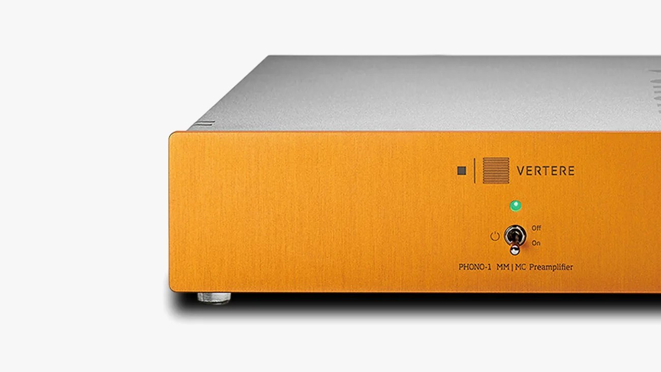 Orange and silver Vertere PHONO-1 MM/MC preamplifier with power switch and indicator light.