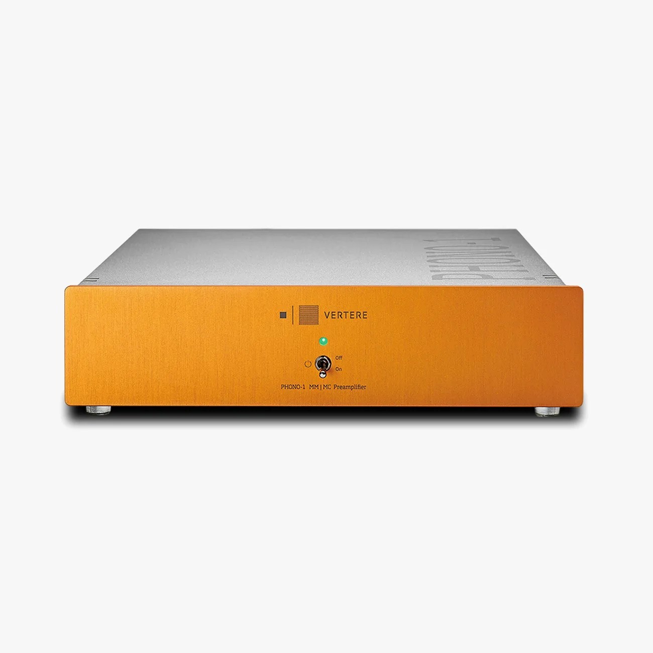 Rectangular audio preamplifier with orange front panel, silver top, and a toggle switch labeled "Off" and "On.