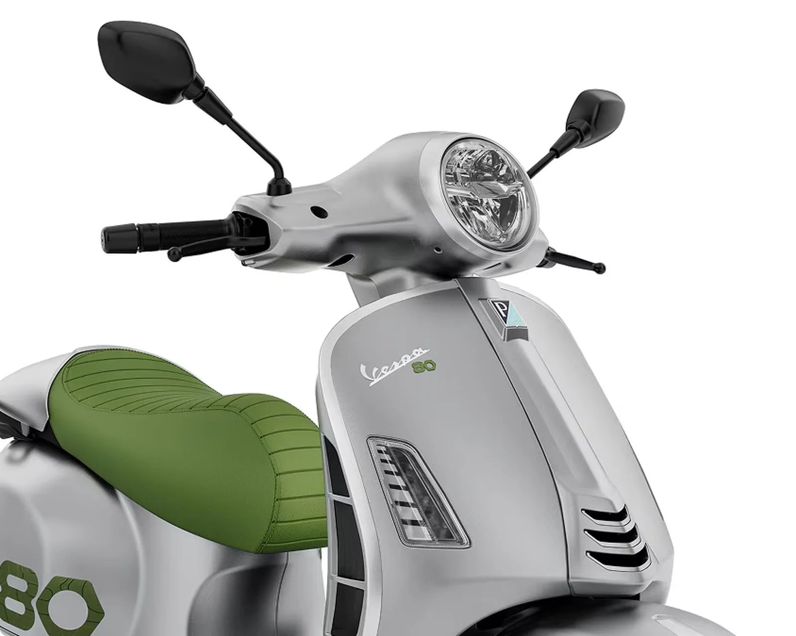 Silver Vespa scooter front with green seat and black rearview mirrors on white background.
