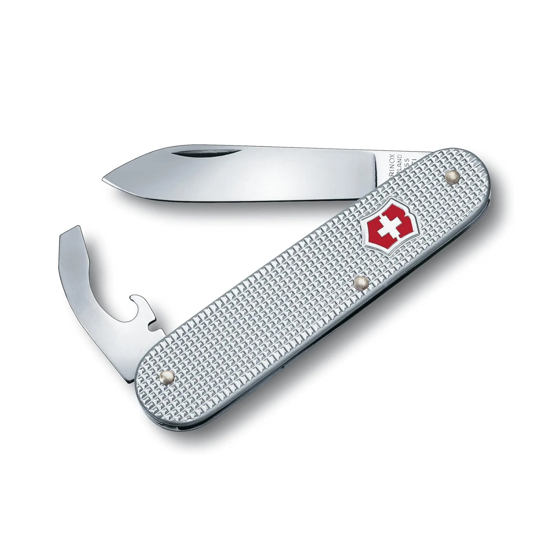 Silver Swiss Army knife with textured handle and red-white cross logo, partially opened blade and tool.