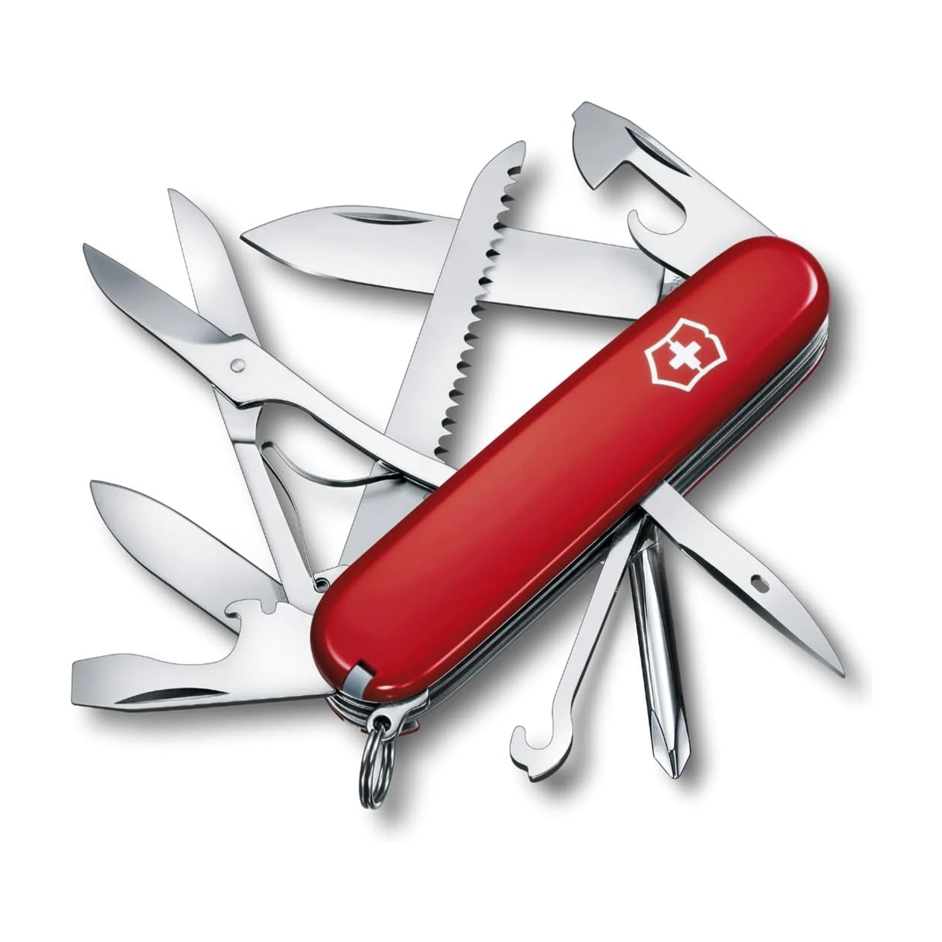 Red Swiss Army knife with multiple stainless steel tools extended, including blades, scissors, saw, and screwdriver.