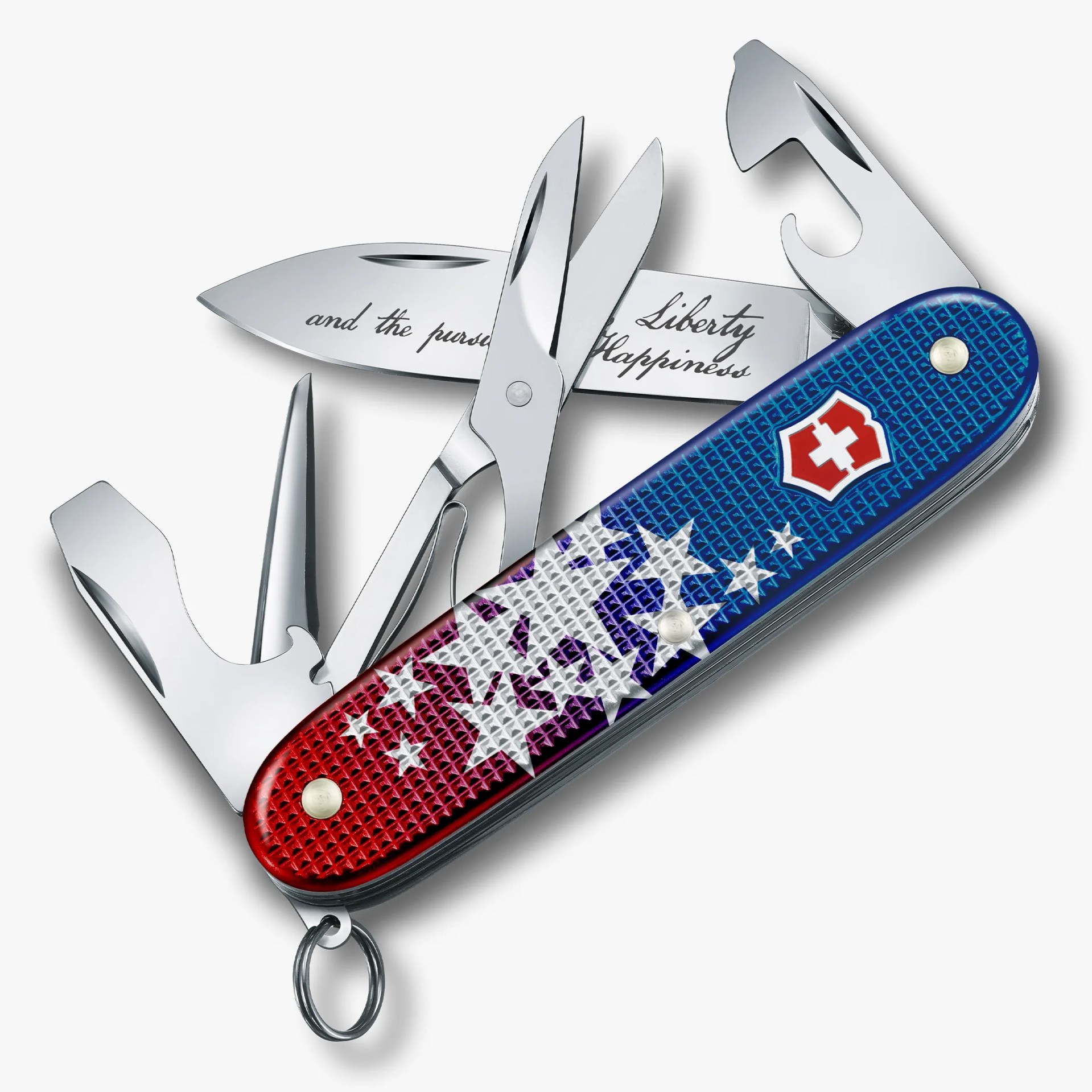 Swiss Army knife with red, white, and blue star-patterned handle and multiple open tools including scissors and blades.