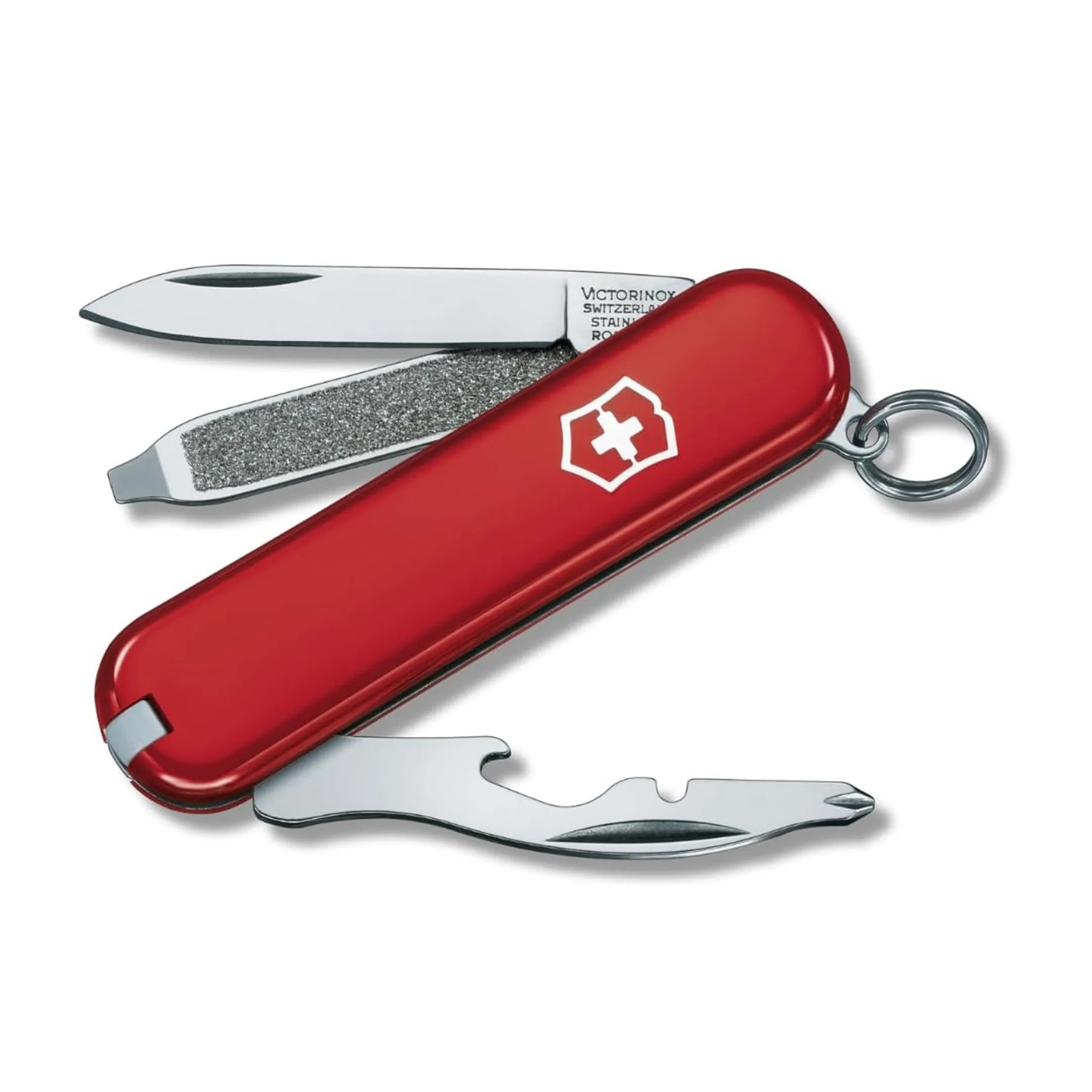 Red Swiss Army knife with a small blade, nail file, and multi-tool with bottle opener and screwdriver.