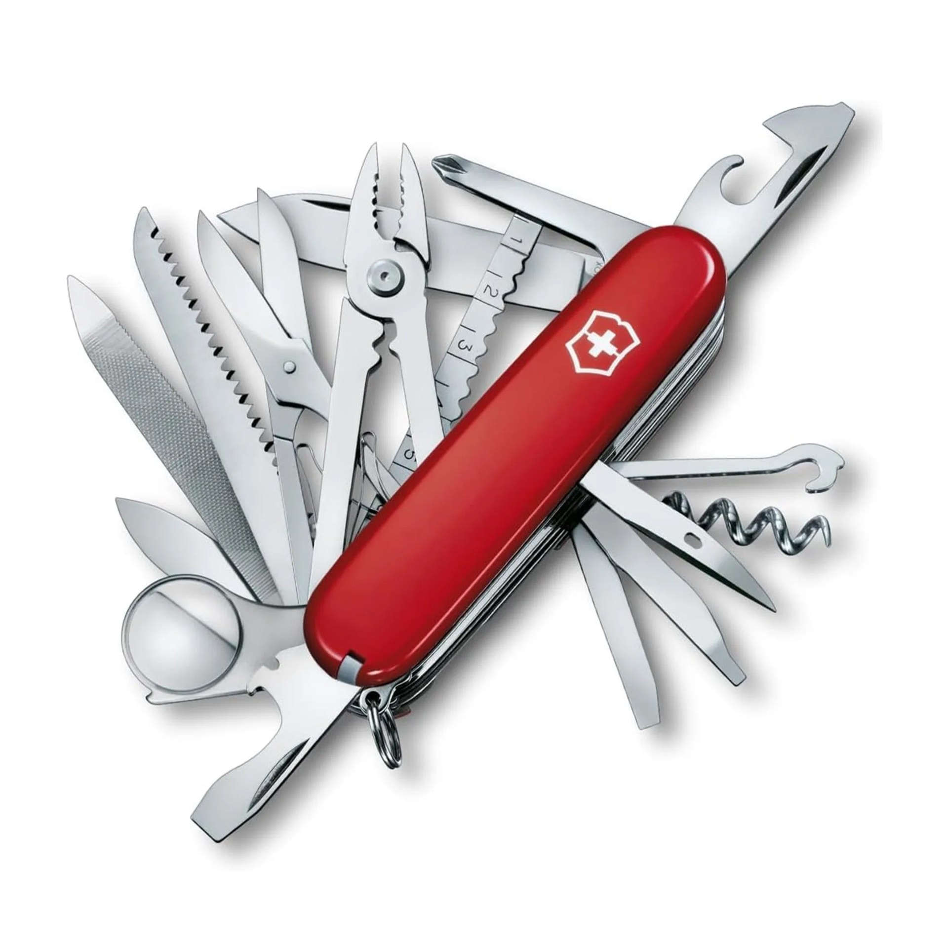 Red Swiss Army knife with multiple stainless steel tools extended, including pliers, blades, corkscrew, and bottle opener.