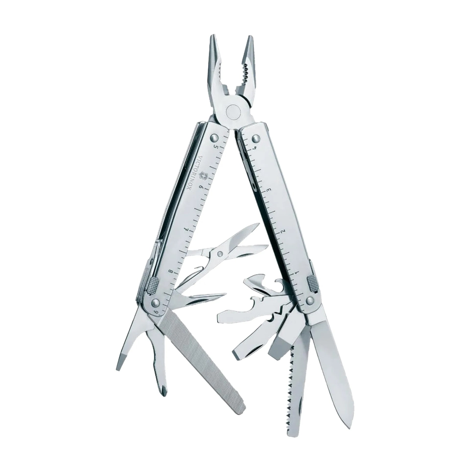 Stainless steel Victorinox multi-tool with pliers, scissors, knife, saw, file, and other fold-out tools.