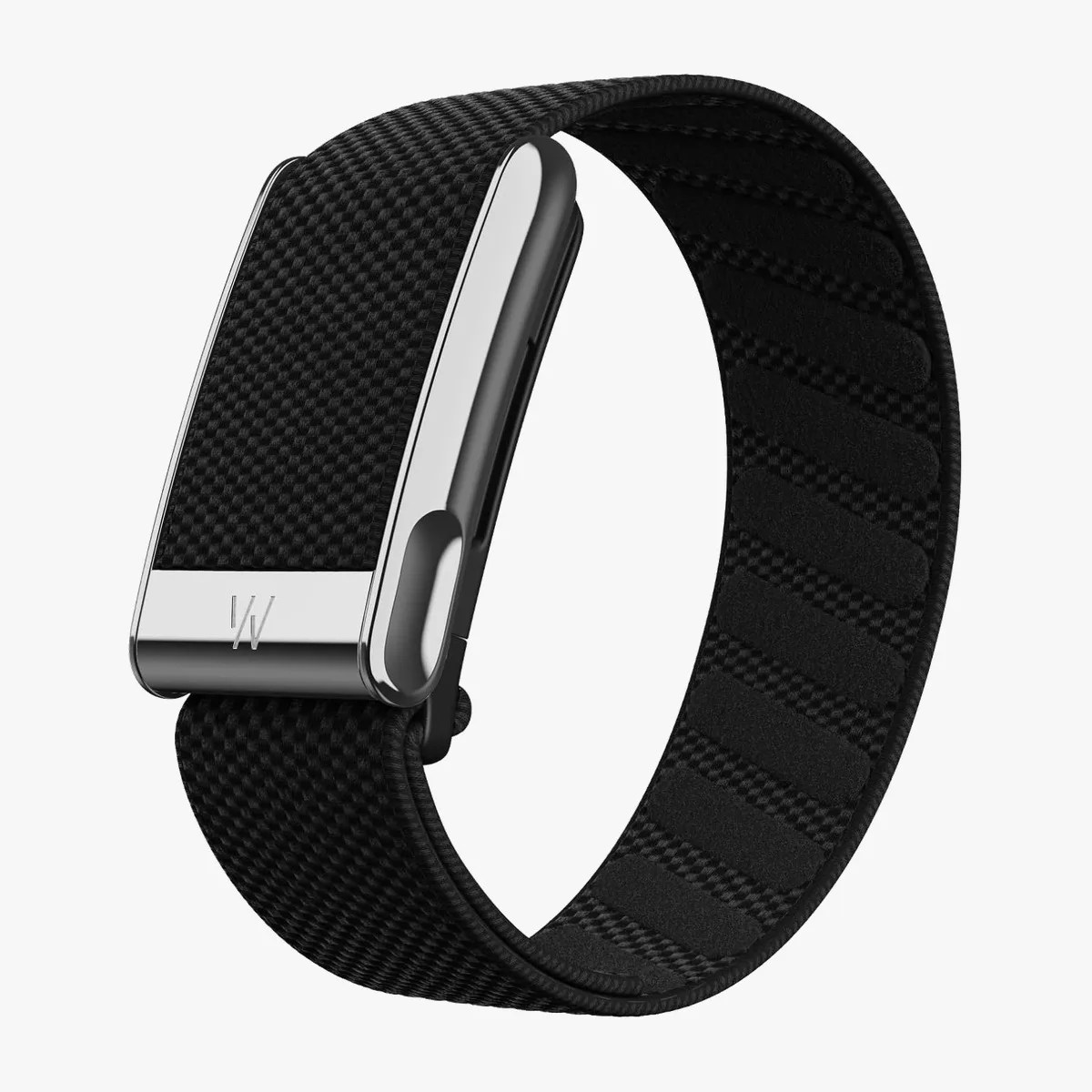 Black textured fabric watch band with a polished silver clasp featuring an engraved "W" logo.