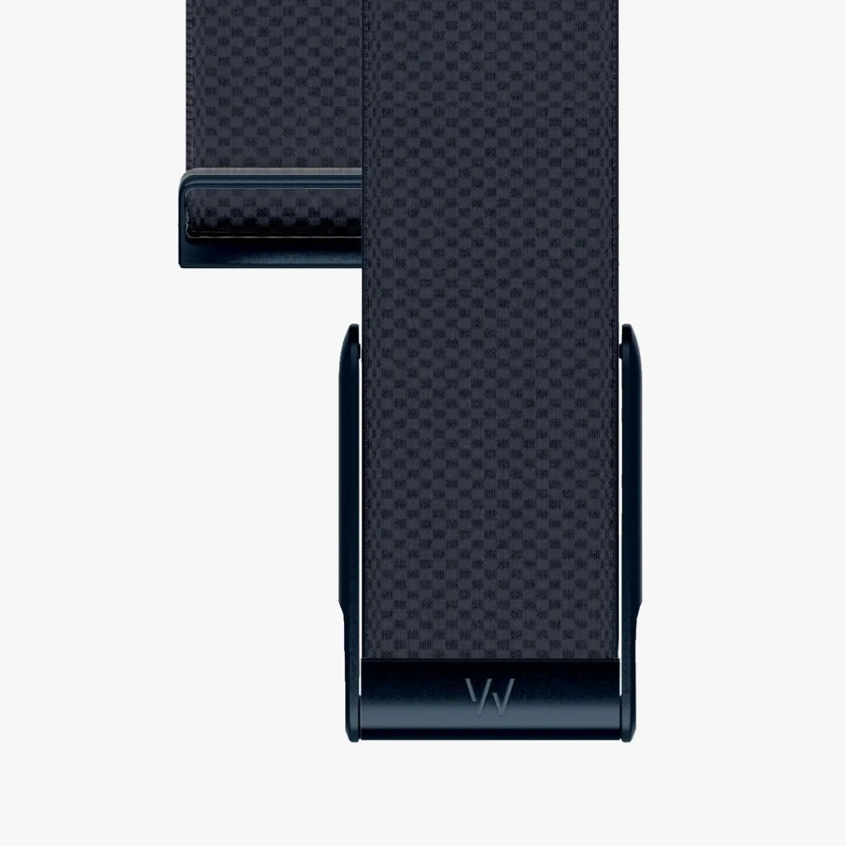 Dark blue fabric belt with a subtle checkered pattern and a matte black metal buckle embossed with "VW".