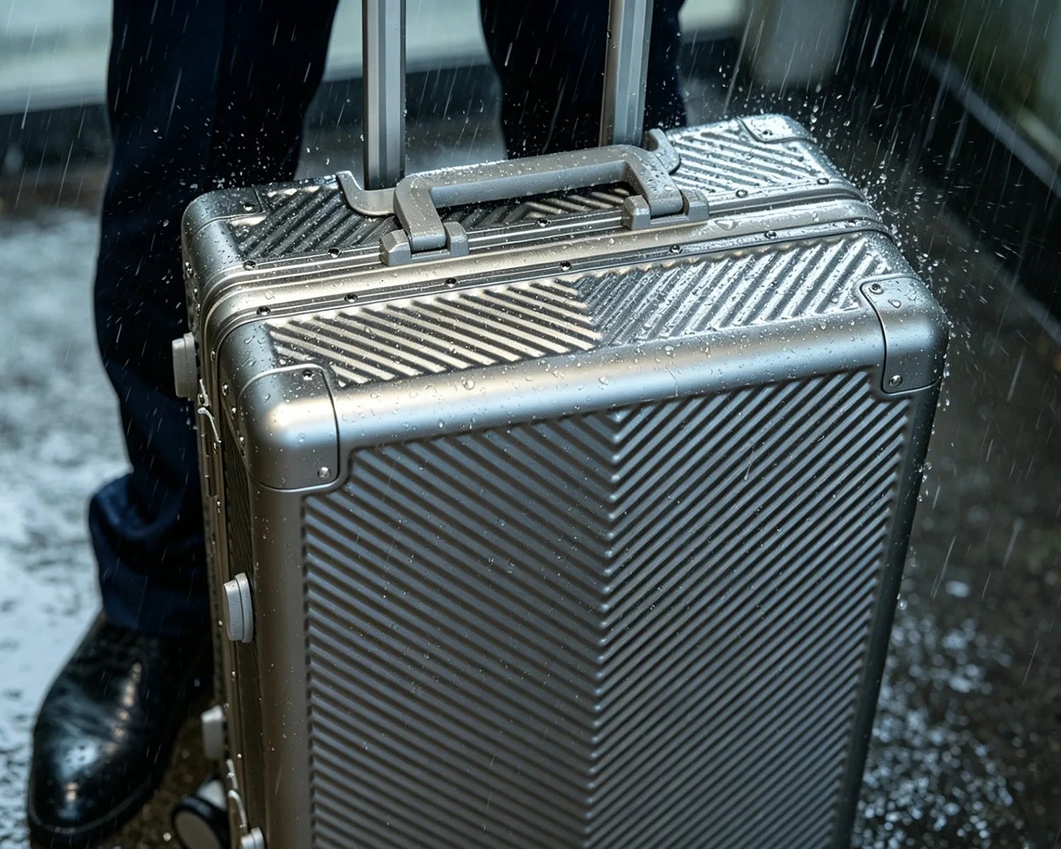 Silver hard-shell suitcase with diagonal ridges and water droplets, held by a person in black shoes and pants in the rain.