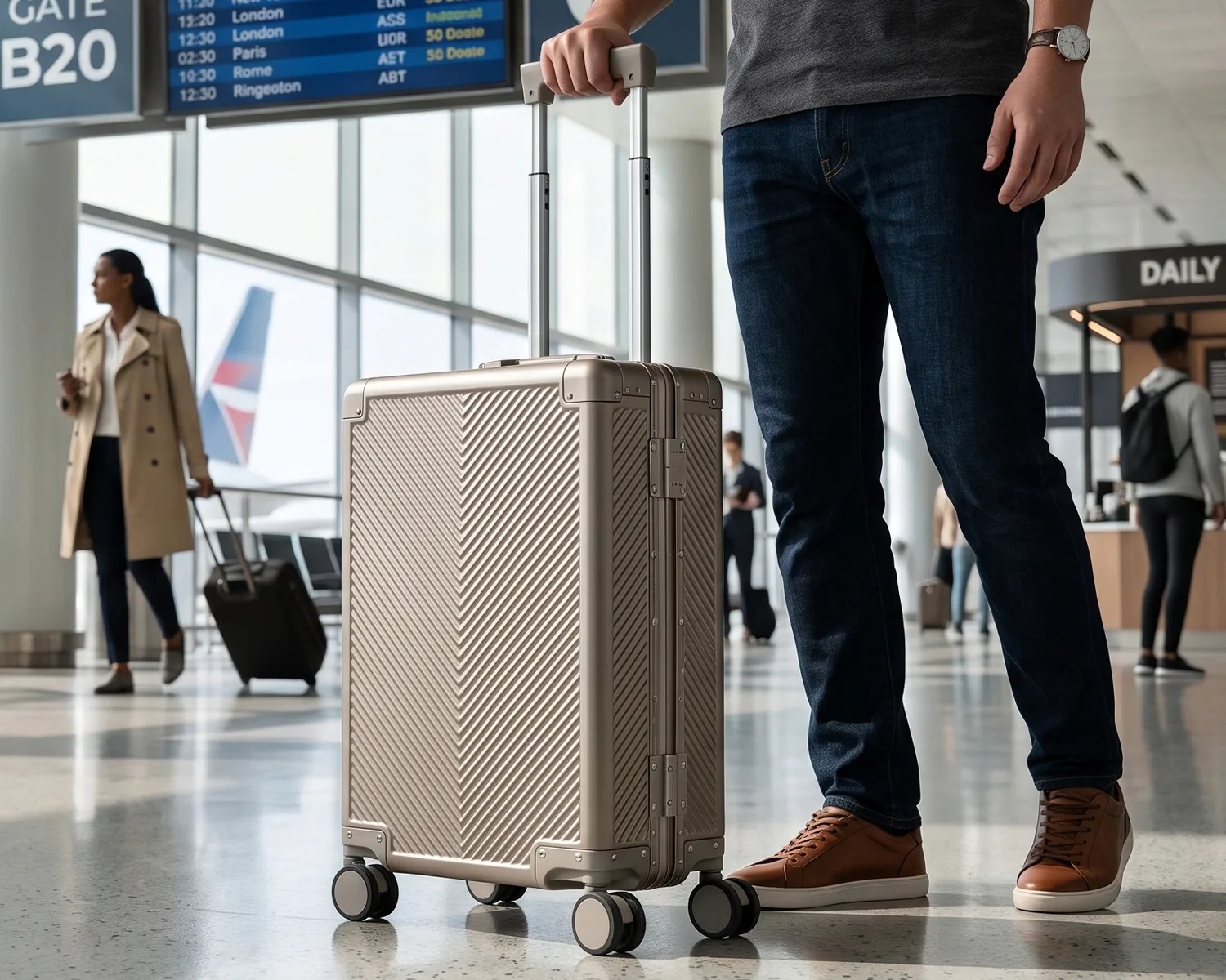 Beige hard-shell suitcase with diagonal ridges and four wheels held by a person wearing brown sneakers and dark jeans in an airport terminal.