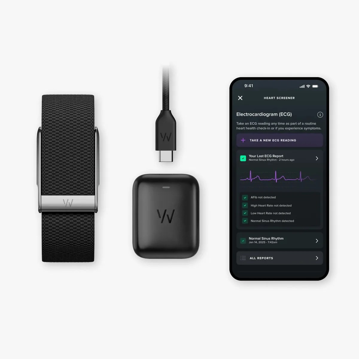 Black textured wristband, black ECG sensor device with USB-C cable, and smartphone displaying heart screener app.