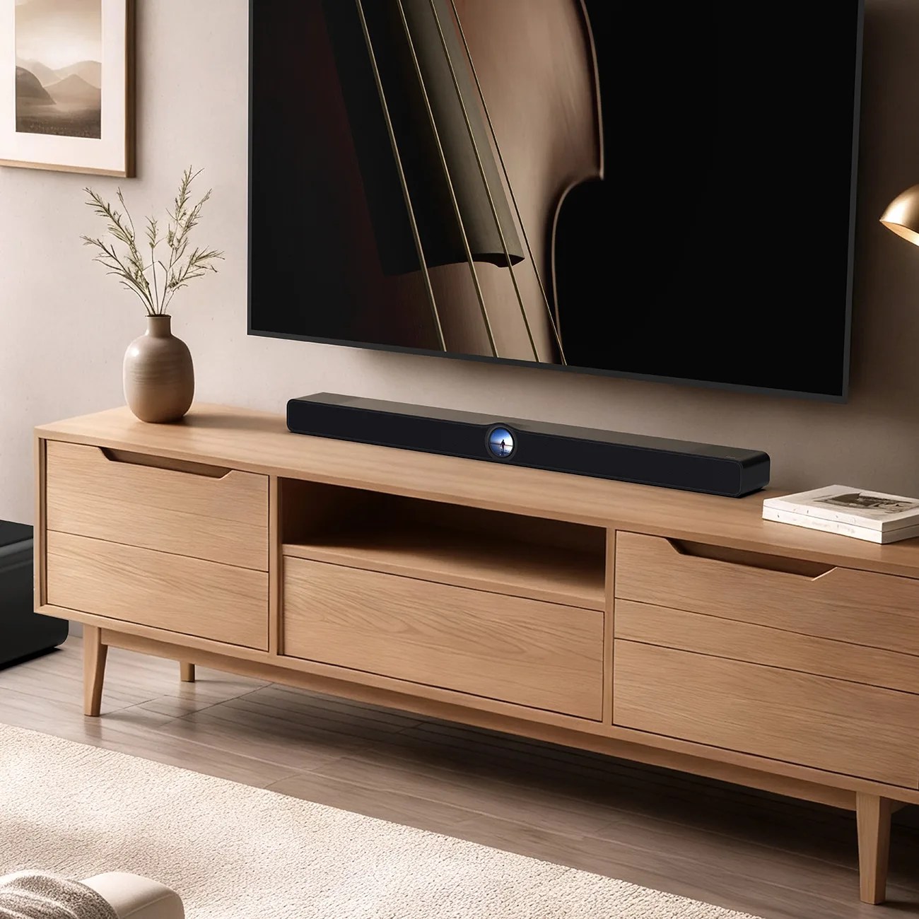 Black soundbar with central circular display on a light wood TV console beneath a wall-mounted flat screen TV.