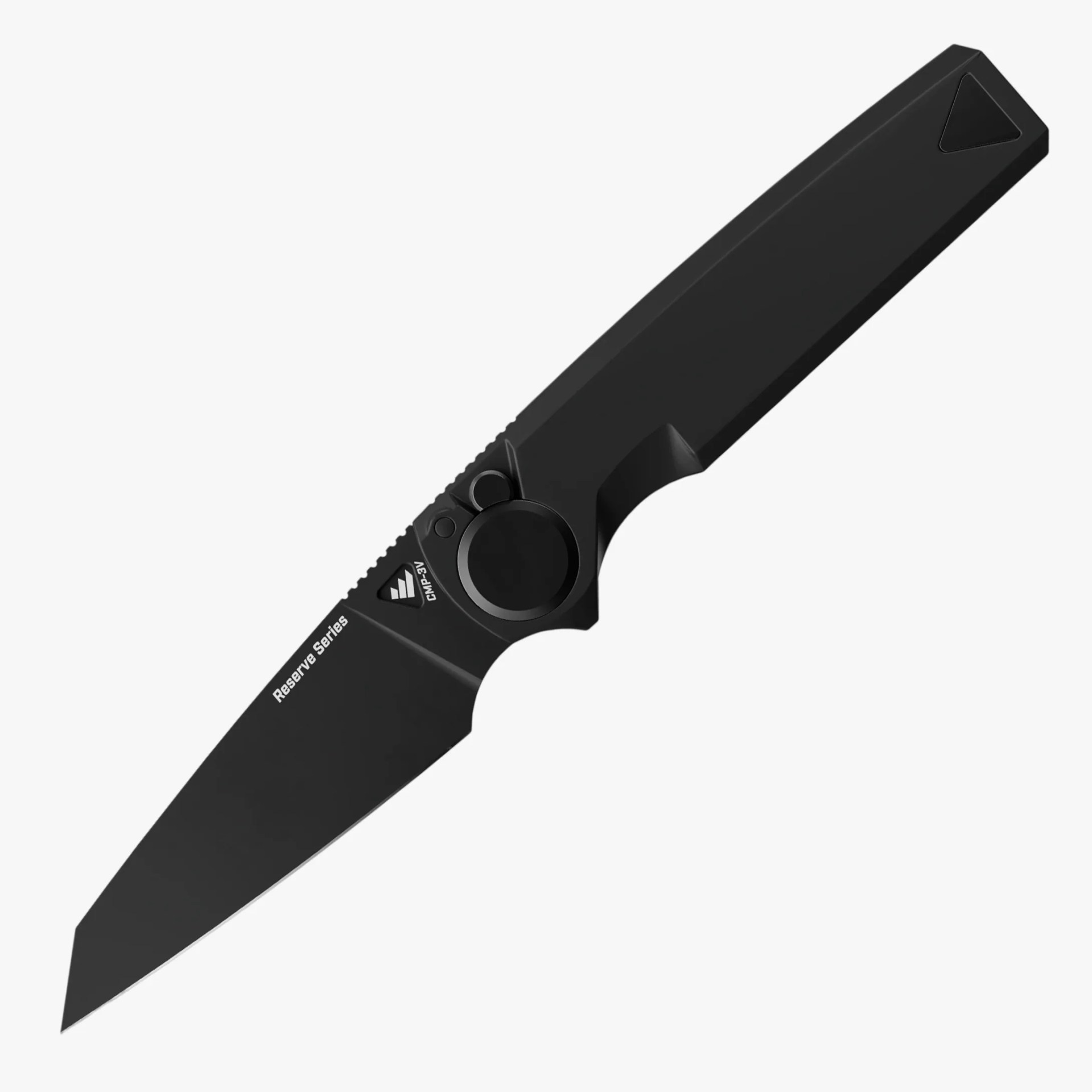 Black tactical folding knife with a tanto blade and textured handle showing "Reserve Series" text.