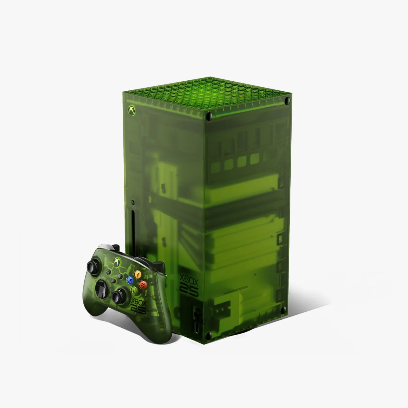 Translucent green Xbox Series X console and matching controller with "Xbox 25" branding.