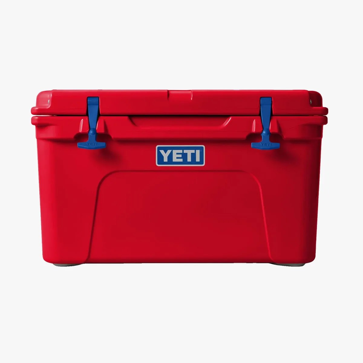Red YETI cooler with blue latches and logo on the front.