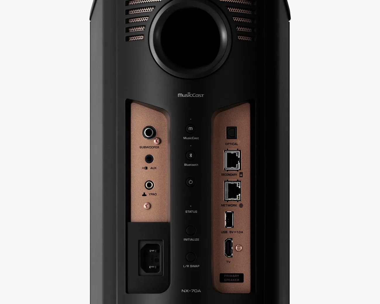 Rear panel of a black MusicCast NX-70A speaker showing subwoofer, AUX, YPAO ports, optical, secondary and network Ethernet ports, USB, TV HDMI, and power input.