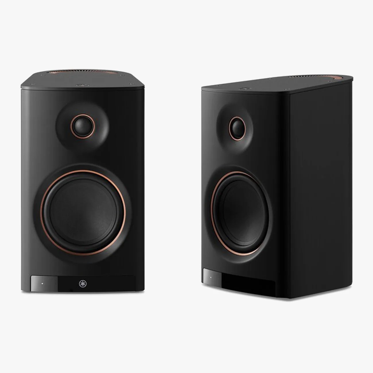 Pair of black rectangular speakers with copper rings around the drivers on a white background.