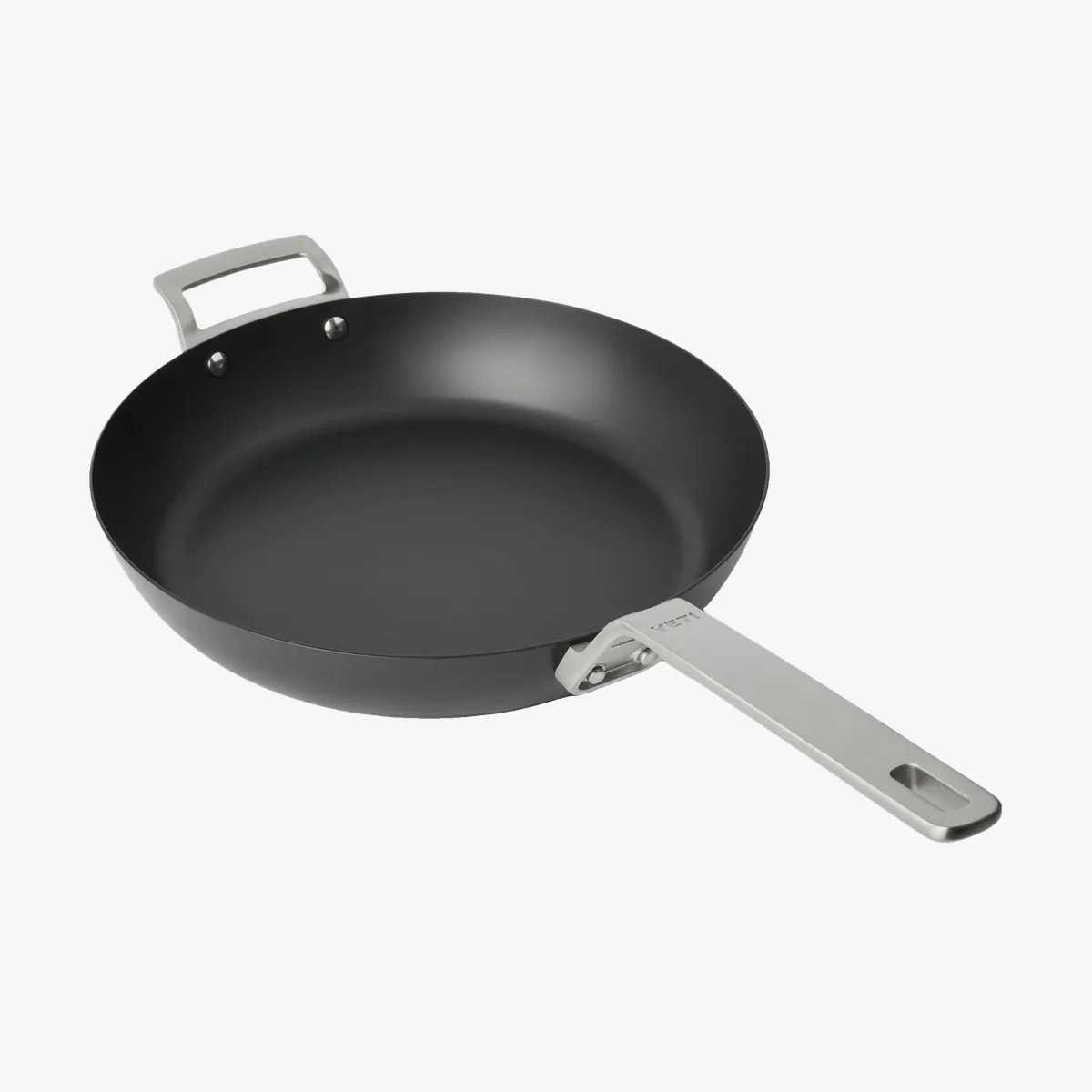 Black nonstick frying pan with silver metal handles on a white background.