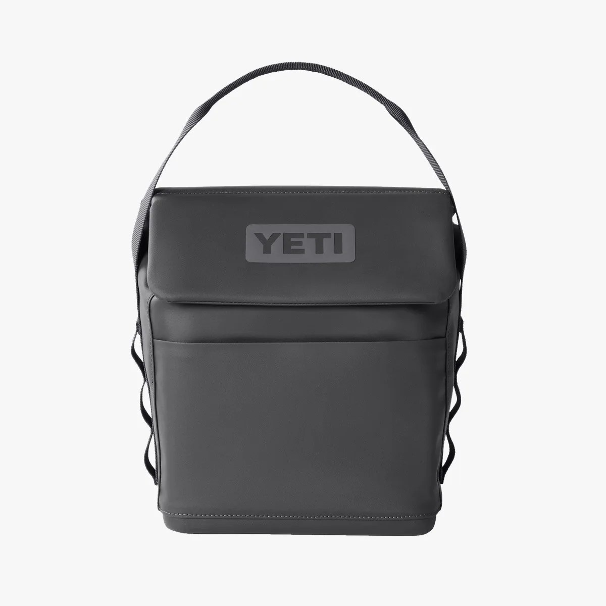 Dark gray YETI soft cooler bag with a top handle and front pocket.