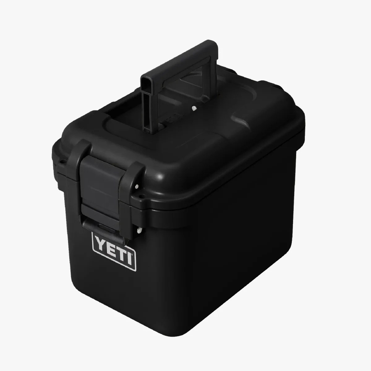 Black YETI hard cooler box with a sturdy handle and latch on a white background.