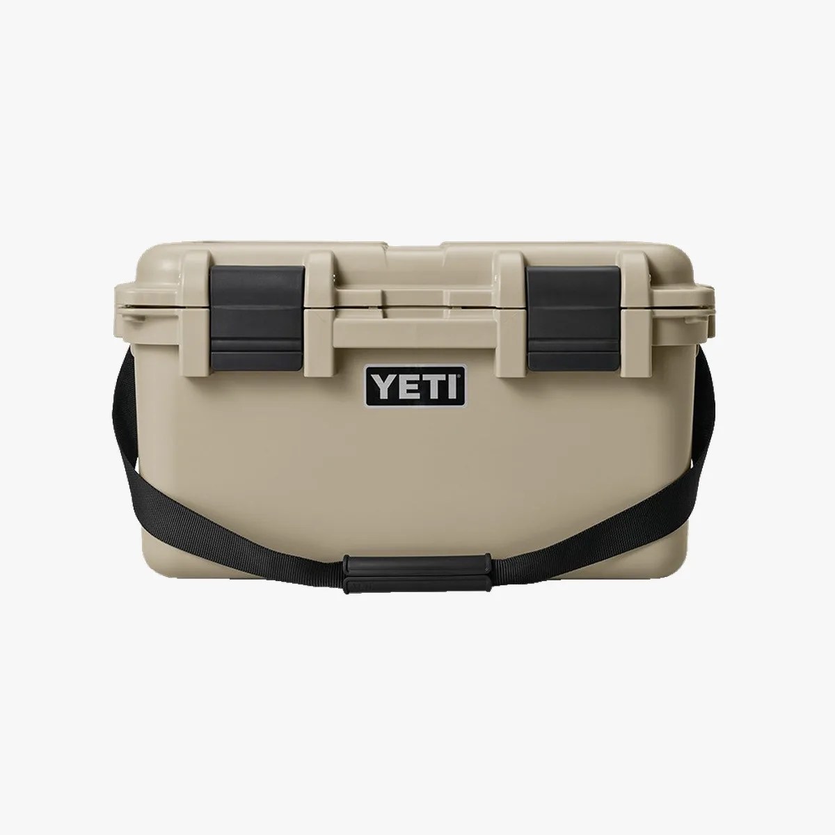 Tan YETI cooler with black latches and an adjustable black shoulder strap.