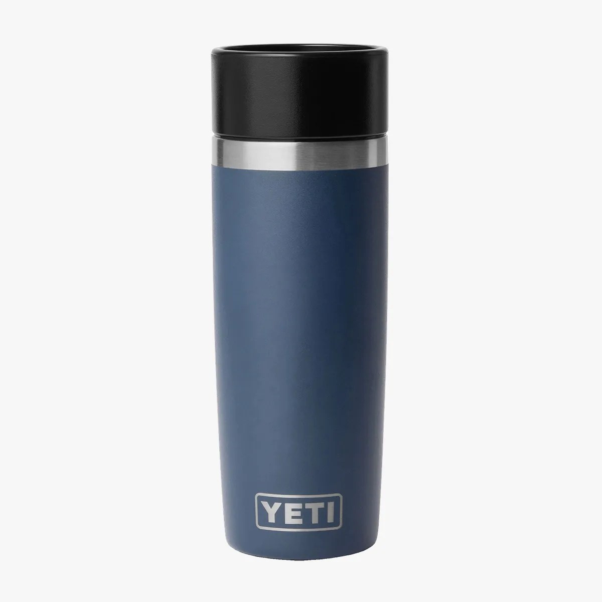 Blue YETI insulated tumbler with black lid and stainless steel rim on a white background.