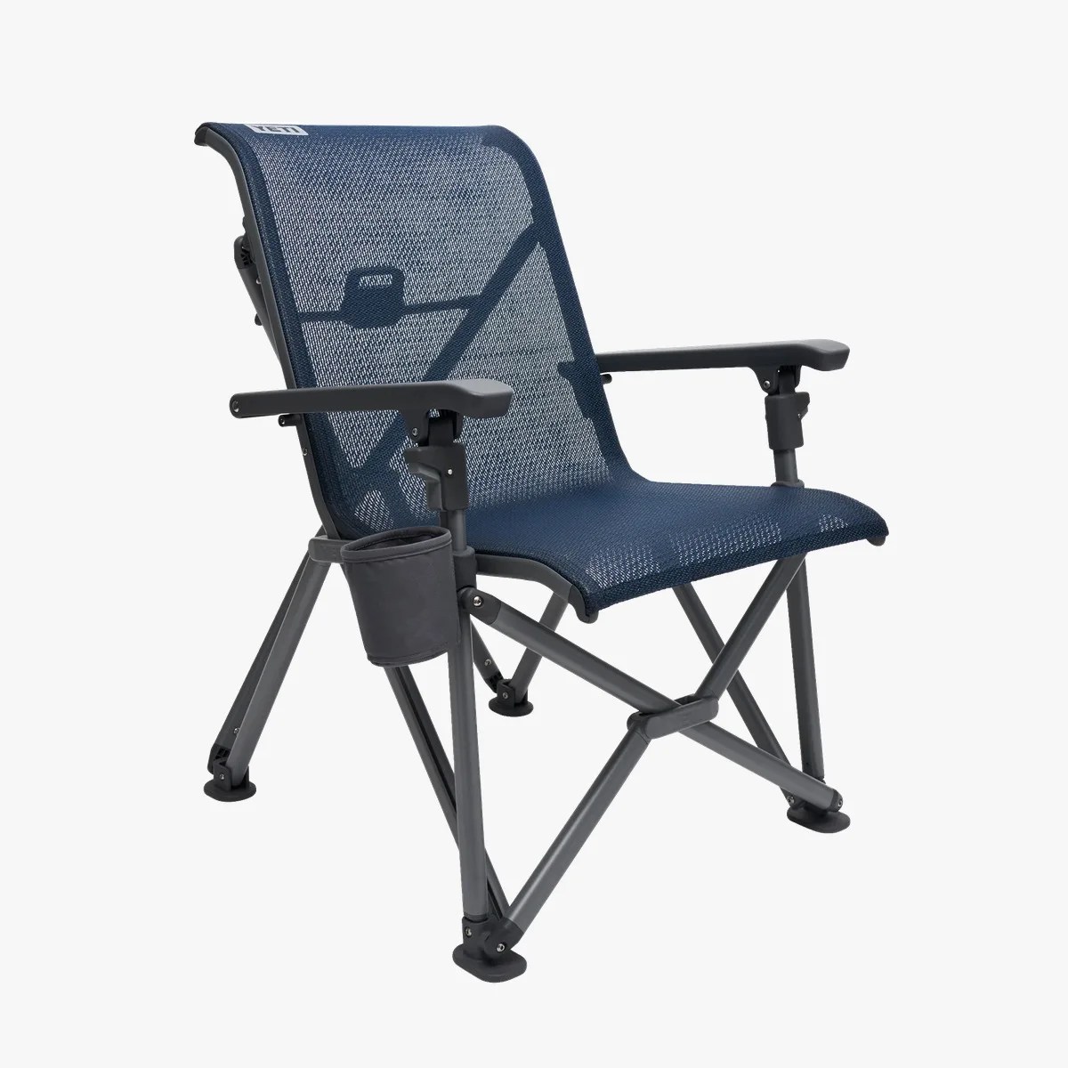 Navy blue mesh fabric folding camping chair with black armrests and a cup holder on a gray frame.