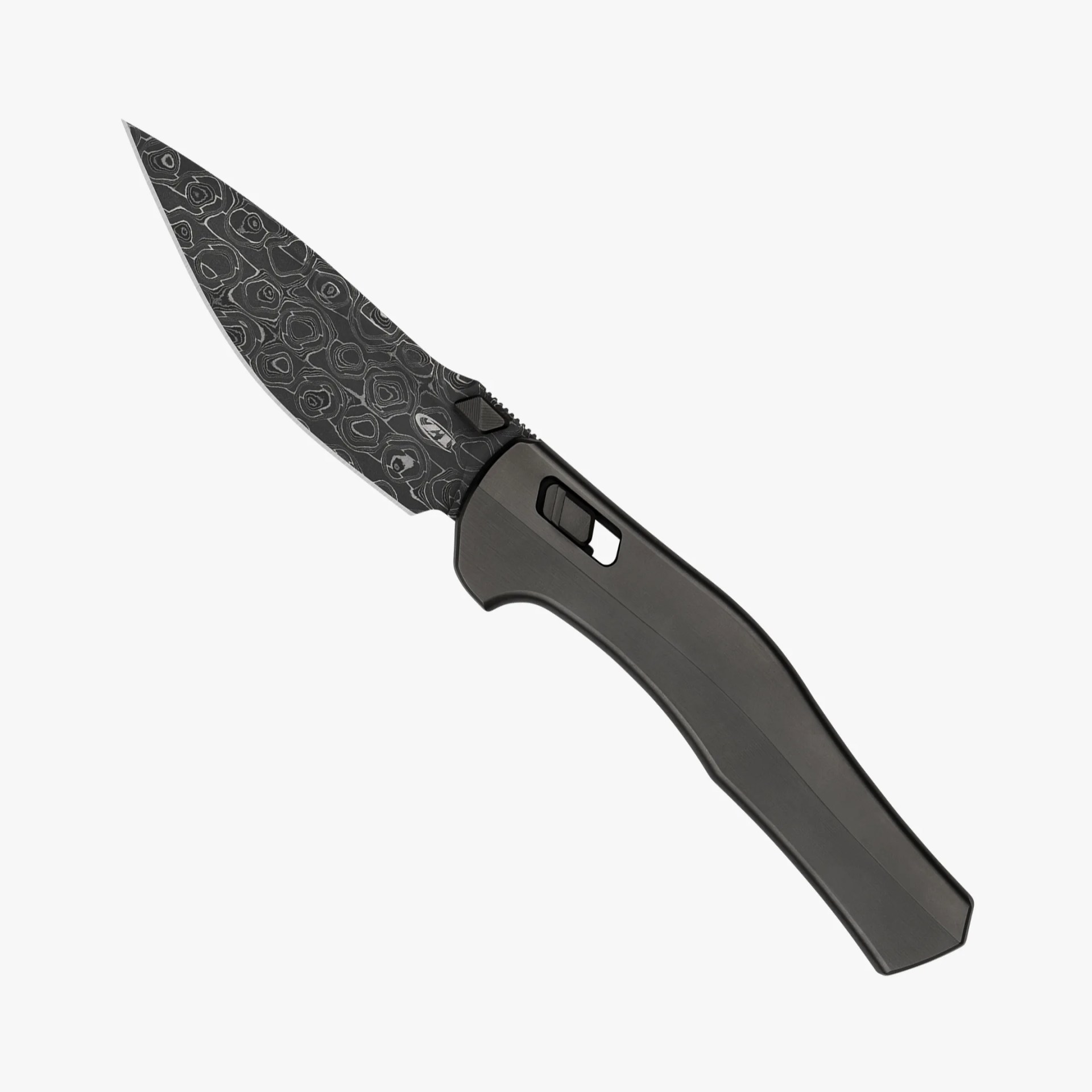 Black folding knife with patterned Damascus steel blade and matte black handle.
