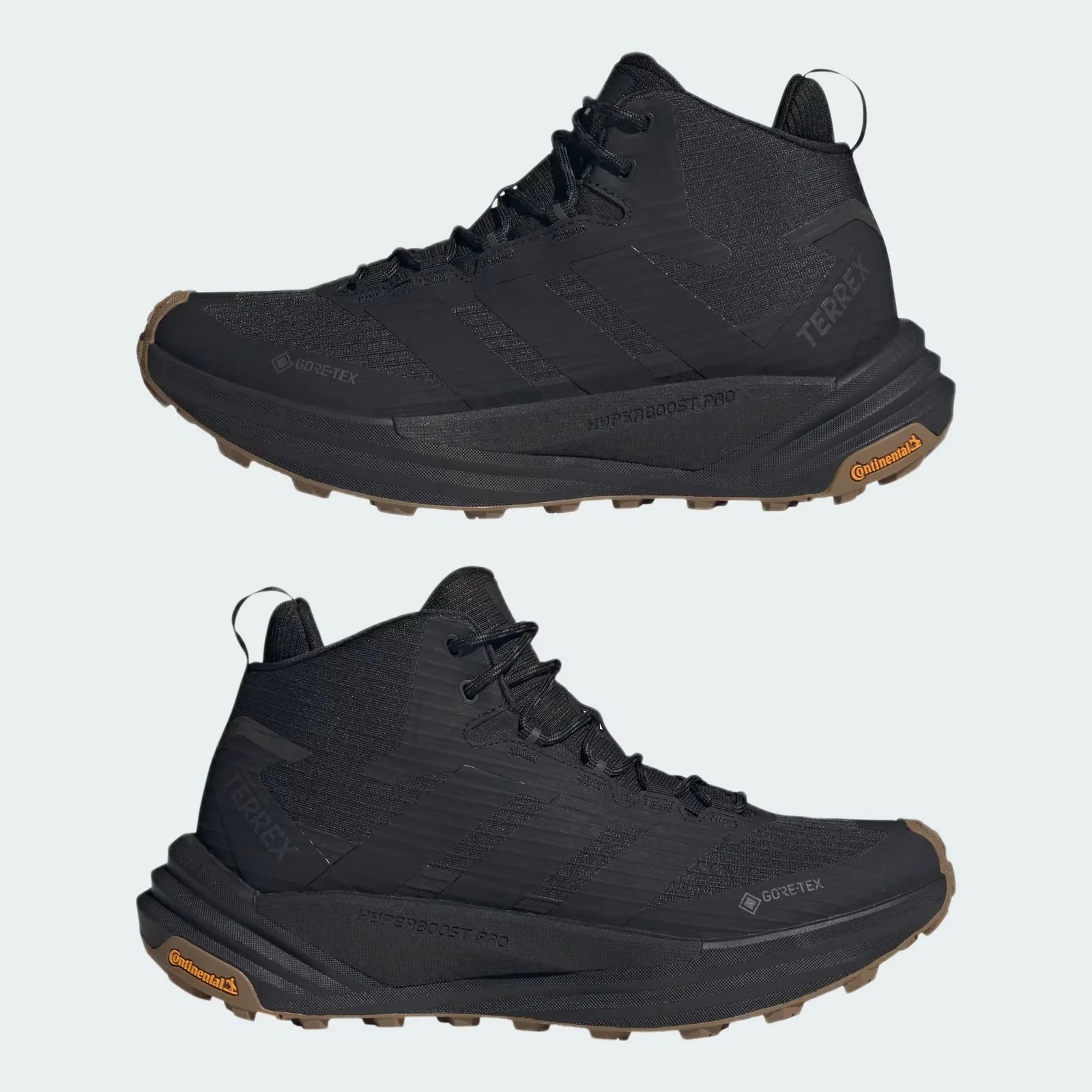 Pair of black Adidas Terrex hiking shoes with Gore-Tex and Continental rubber soles.