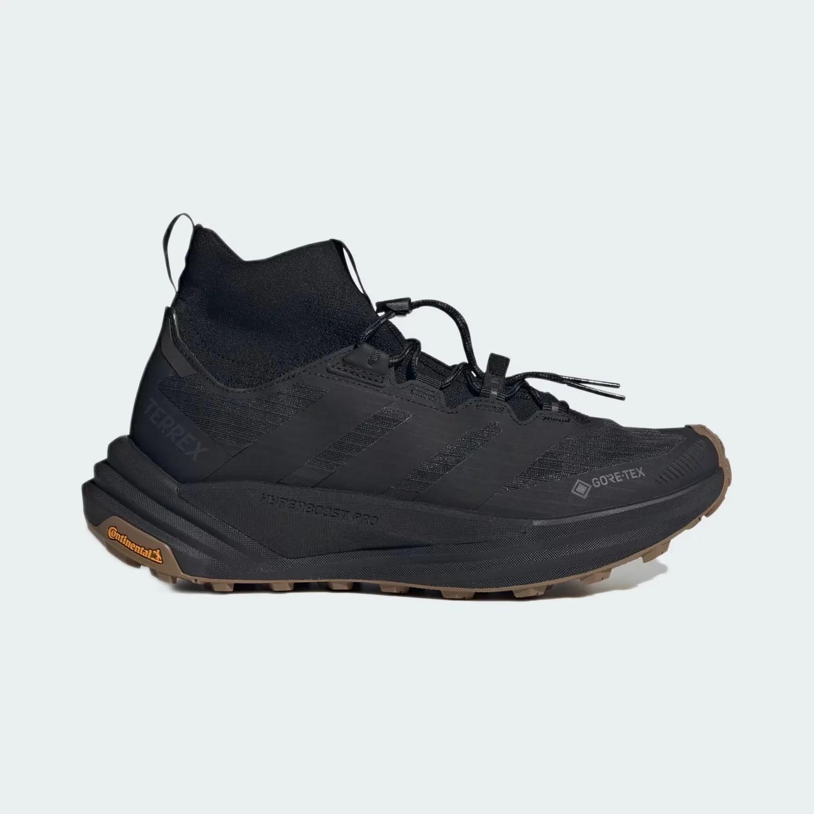 Black Adidas Terrex trail running shoe with Gore-Tex upper and Continental rubber sole.