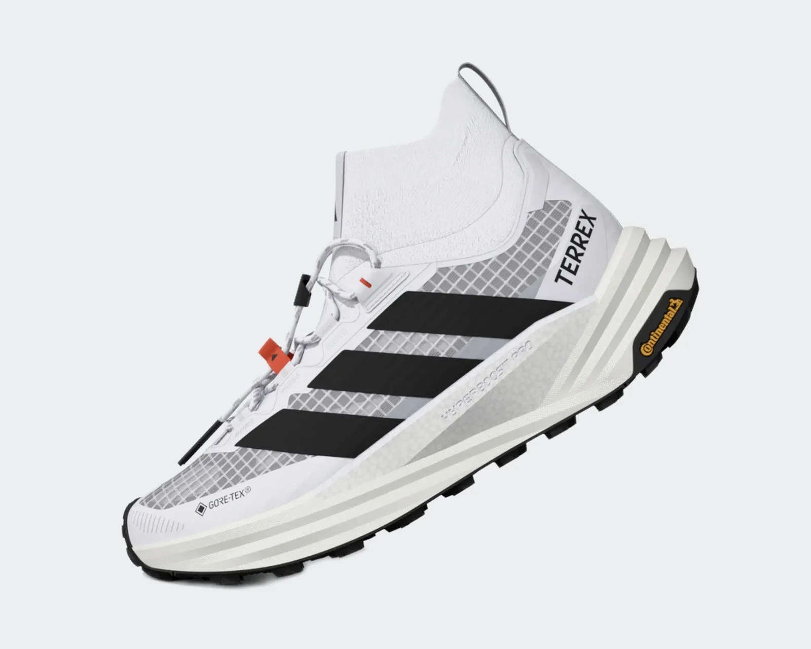 White and gray Adidas Terrex trail running shoe with black stripes and Continental sole.