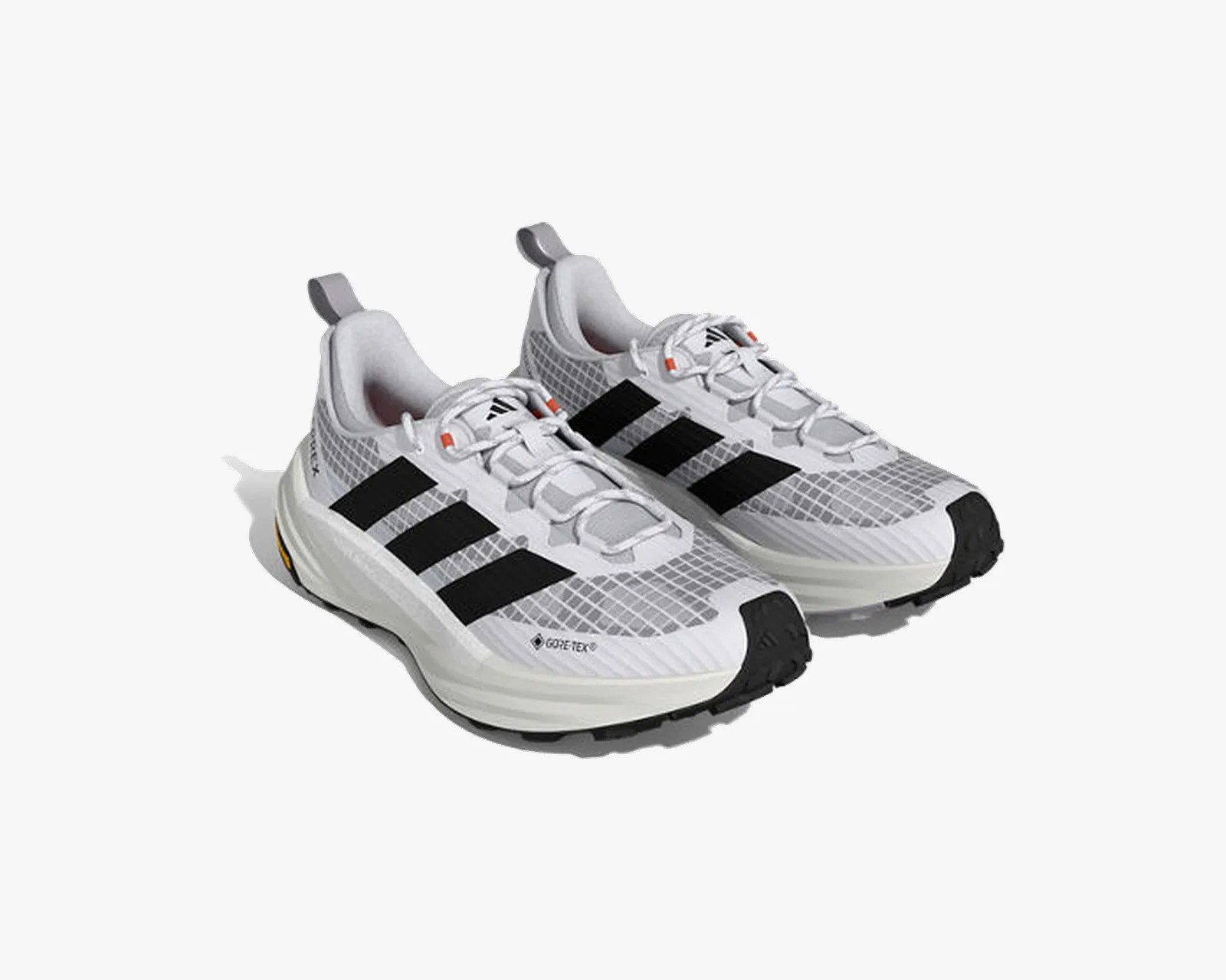Pair of white and gray Adidas running shoes with black stripes and Gore-Tex branding on the side.