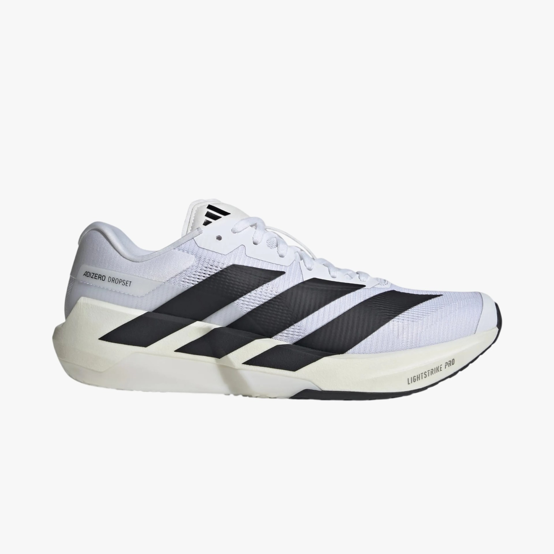 White Adidas Adizero Dropset sneaker with black stripes and cream-colored Lightstrike Pro sole.
