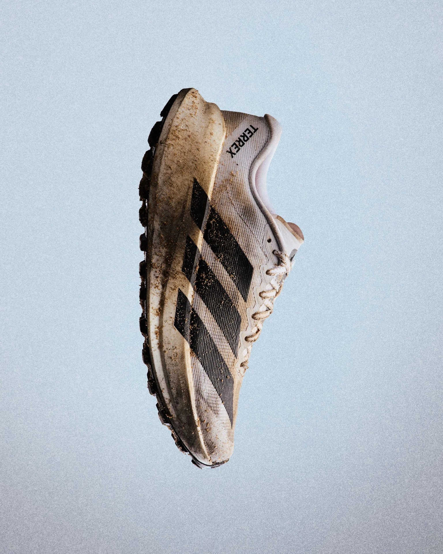 White and black Adidas Terrex trail running shoe with dirt on the sole and sides against a plain background.