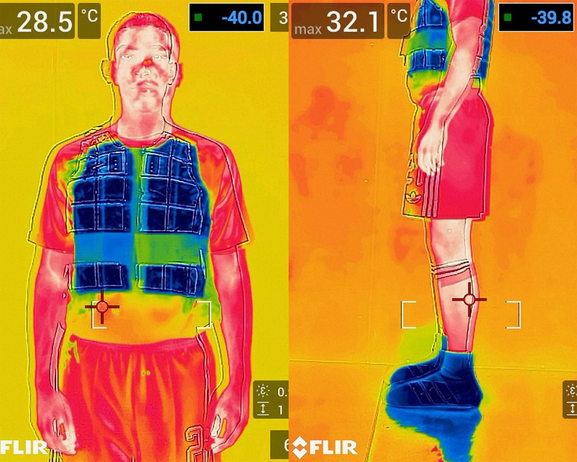 Thermal image showing a person wearing a cooling vest with blue and green cooler areas on the vest and warmer red and yellow on exposed skin and clothing.