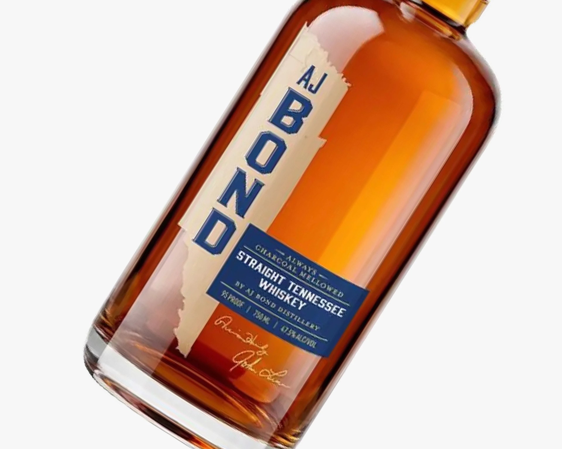 Amber glass bottle of AJ Bond Straight Tennessee Whiskey with blue and cream label.