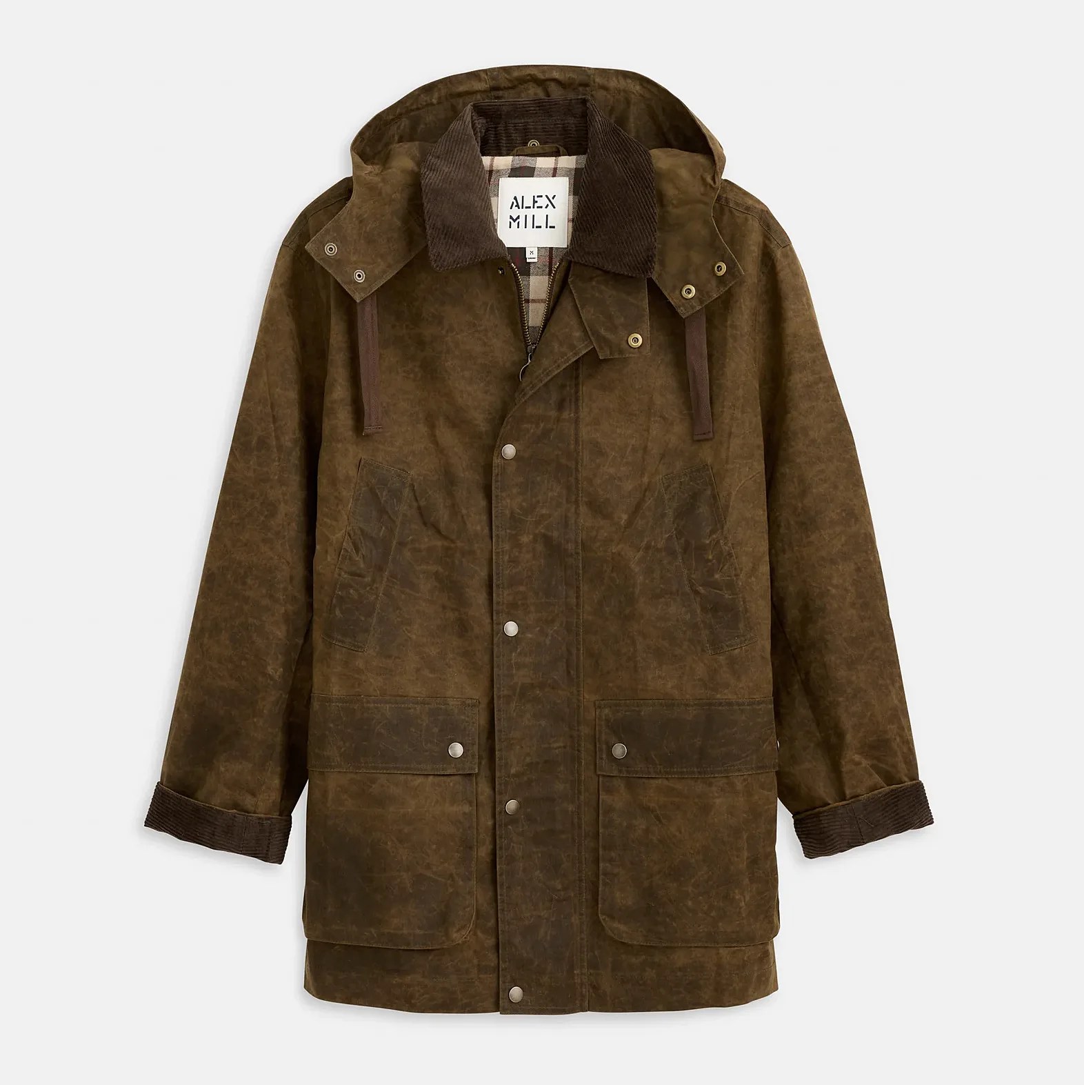 Brown waxed cotton jacket with corduroy collar and cuffs, front snap buttons, and flap pockets.