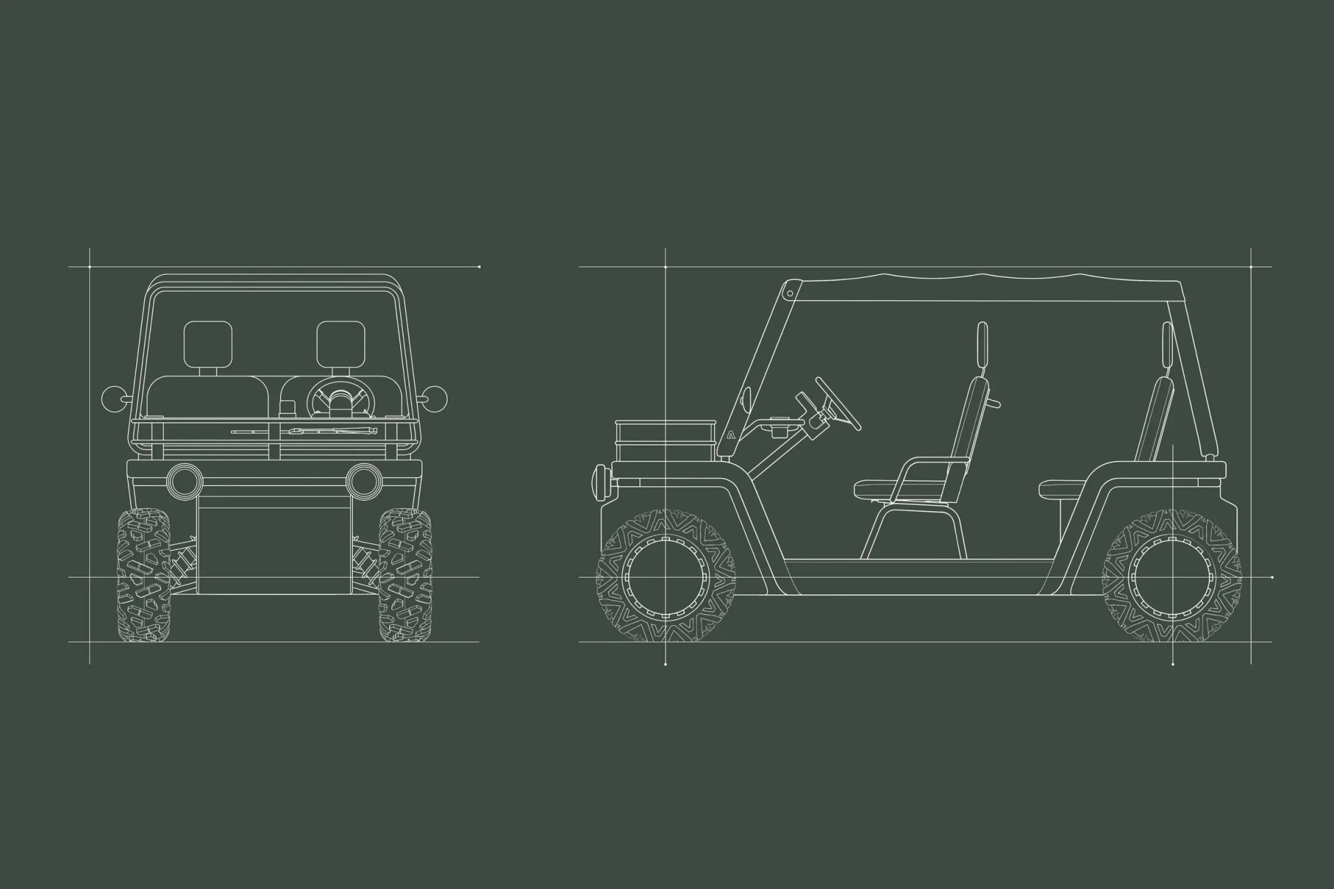 Technical blueprint drawing of a small off-road vehicle showing front and side views with detailed tires and seating.