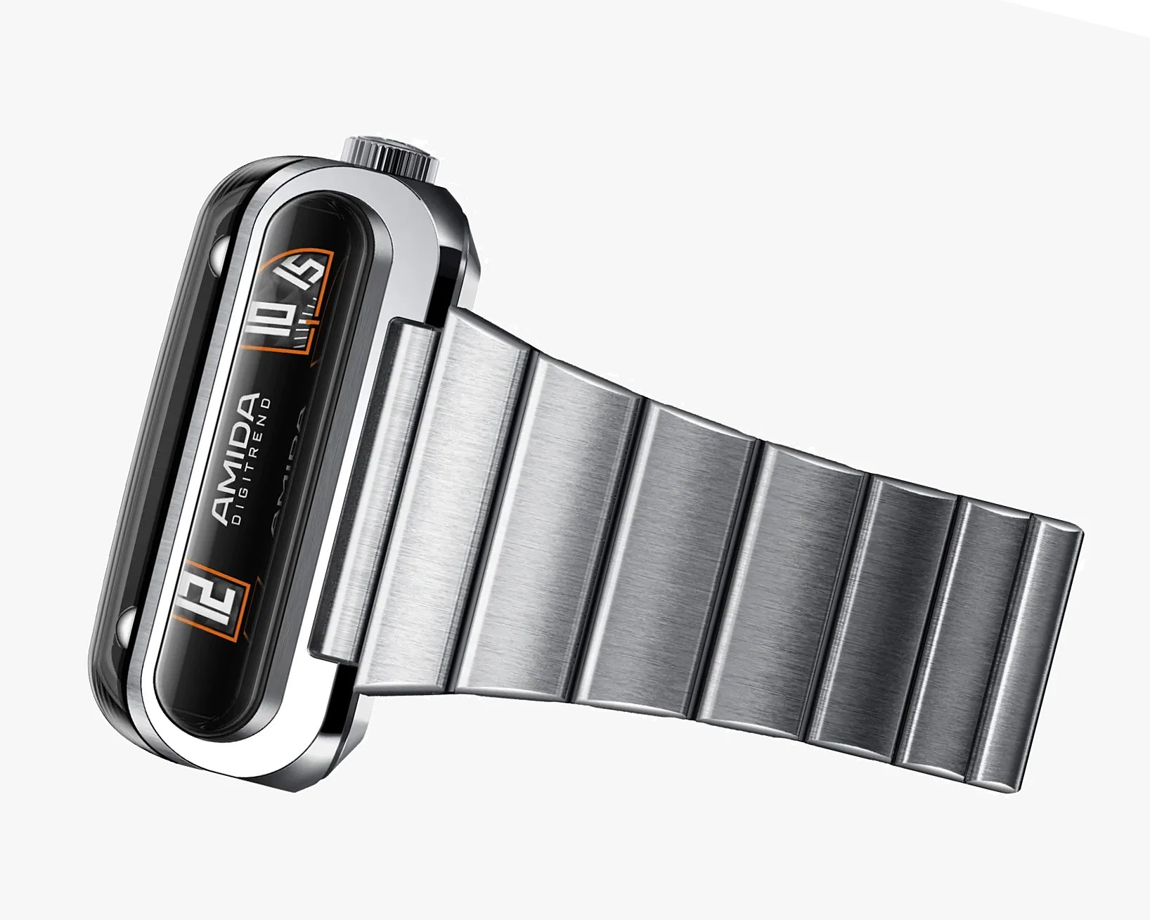 Silver metal wristwatch with a unique horizontal digital display showing the time and "AMIDA DIGITREND" branding.