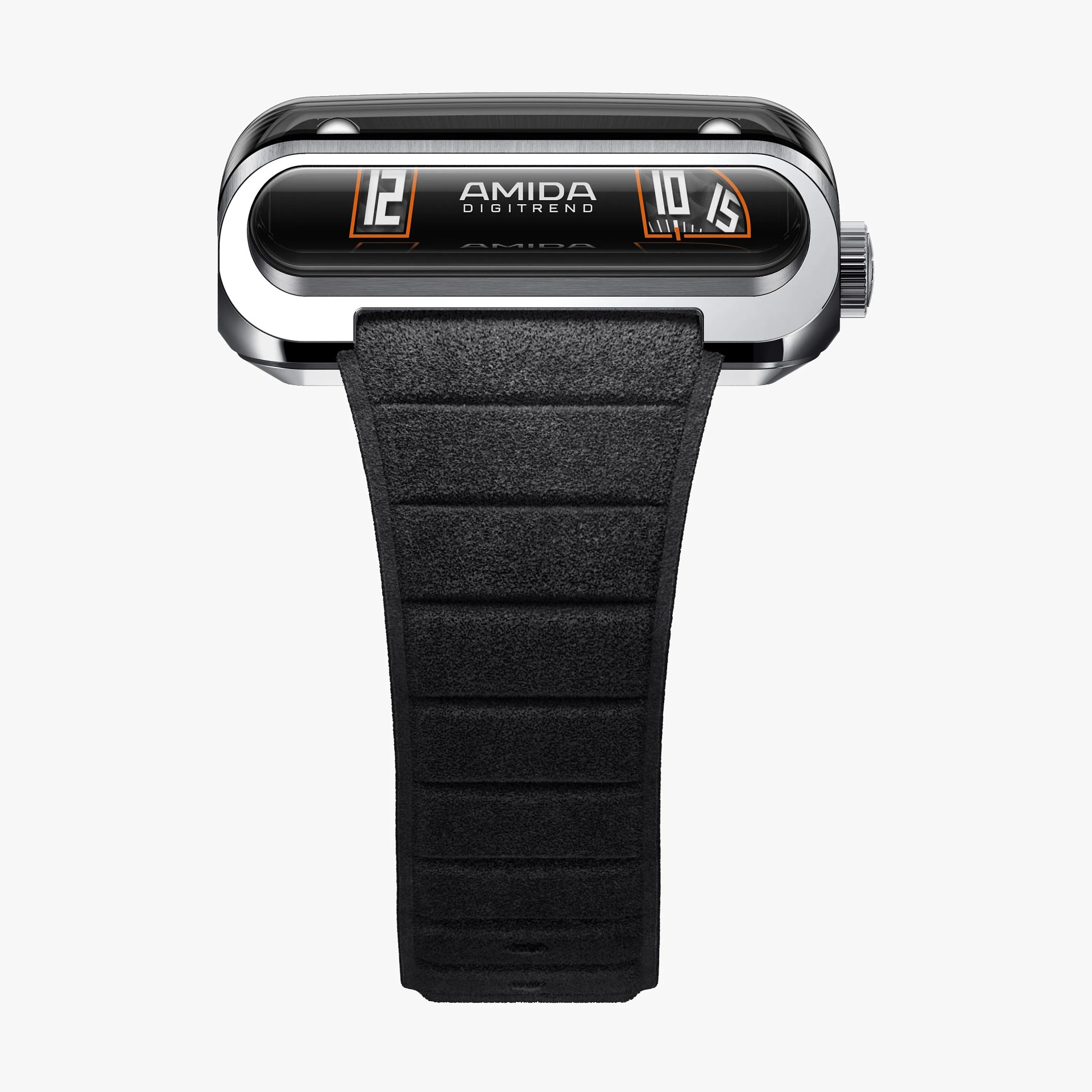 Rectangular silver watch with a black textured strap and a digital display showing "12" and "10:15" with orange accents.